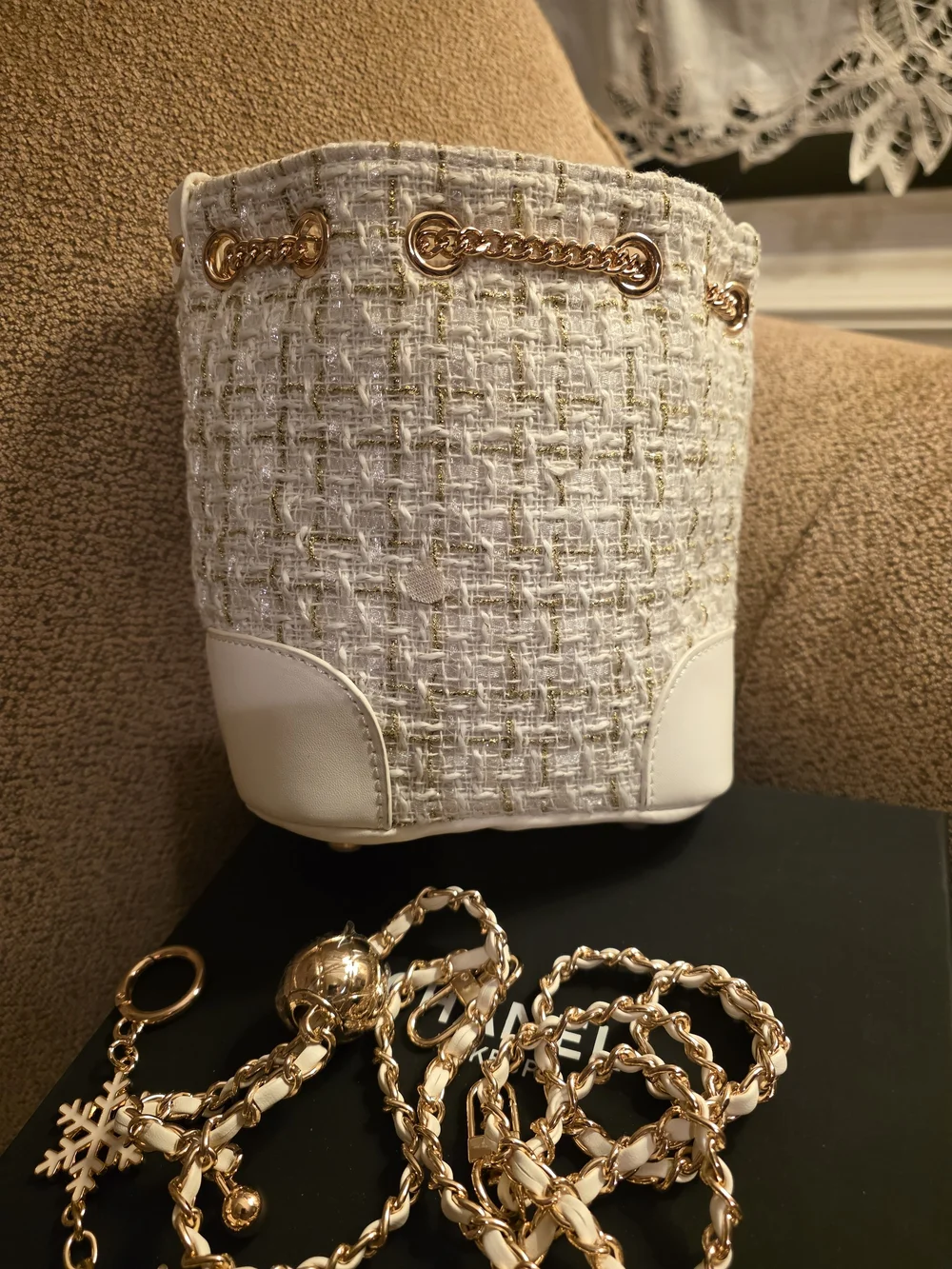 CHANEL Beaute VIP Tweed Bucket Bag with Gold Chain Accents